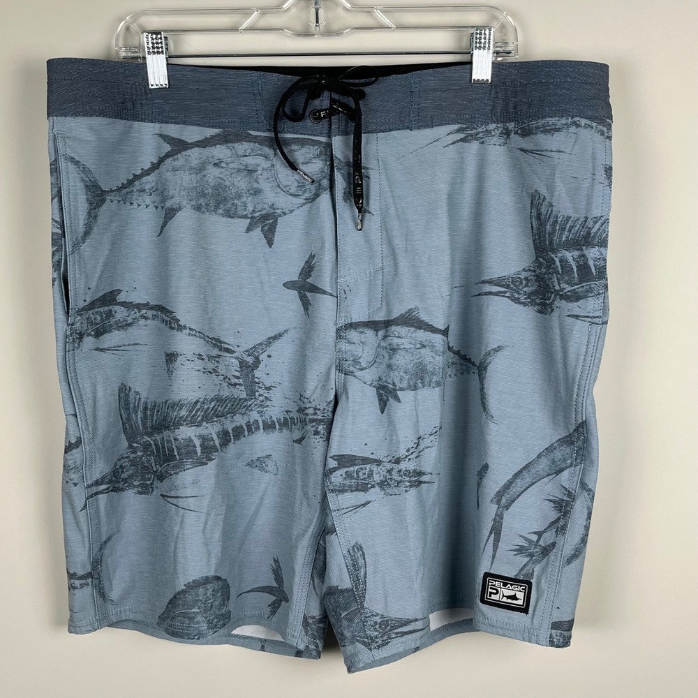 Pelagic Mens Blue Fish Print Board Shorts Fishing Swim Trunks Size 38